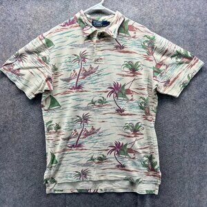 Vintage Ralph Lauren Polo Shirt Men Large Beige Palms Hawaiian Print Island Rare
